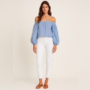 BCBG off the shoulder tie back long sleeve top in classic blue & white stripe. S